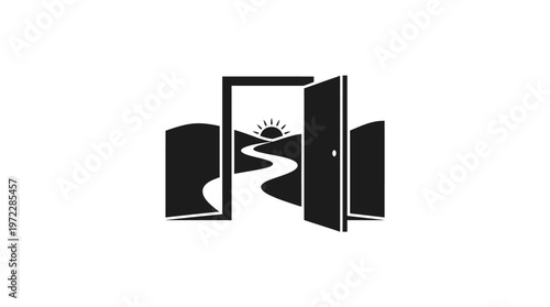 Open Door with Winding Path Leading to Sunrise, Concept of Opportunity and New Journey on Isolated White Background