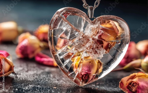 Shattered Crystal Heart Pendant Surrounded by Dried Roses