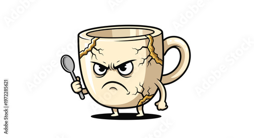 Angry cracked coffee cup cartoon character.