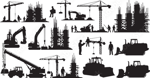 Construction Site Silhouettes with Heavy Machinery and Workers