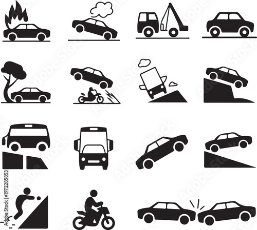 Collection of various vehicle accident and hazard icons in black and white