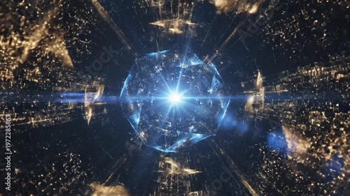 Abstract glowing energy core with light rays and particles, futuristic technology concept