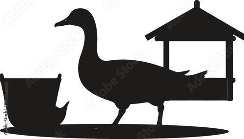 Duck silhouette farm scene with house and bucket rural vector illustration 