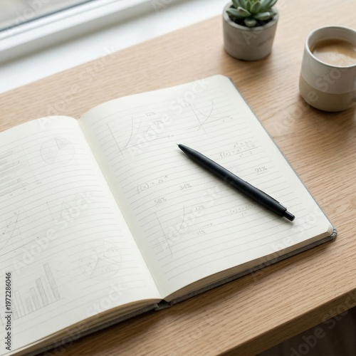 Productive setup open notebook, pen, coffee cup, and plant on a light wooden table
