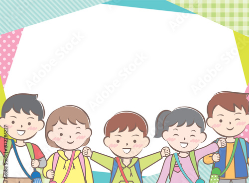 リュックを背負った子供たちのフレーム　遠足