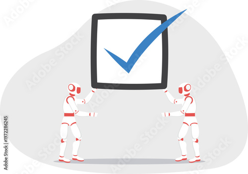 Two robots holding a giant checkmark box