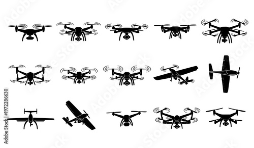 A collection of black drone and airplane silhouettes on a white background