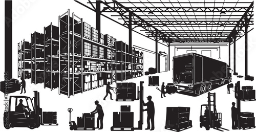 Warehouse Workers Loading Boxes onto Forklifts and Trucks