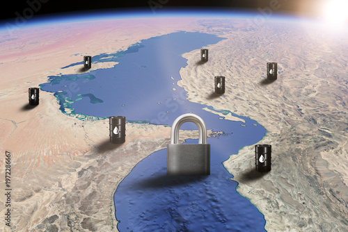 Oil barrels standing on a geographic map of the Middle East and Arabian Peninsula. A powerful concept for energy crisis, petroleum exports, and the geopolitical importance of the oil-rich region.