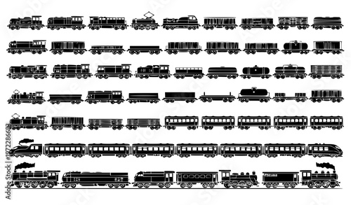 A collection of various train cars and locomotives in a vector graphic illustration