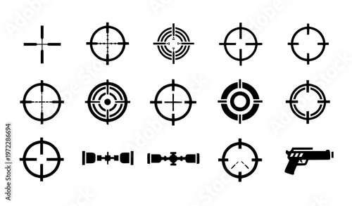 A set of black and white vector graphics depicting various gun sights and a handgun