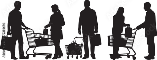 Silhouettes of people with shopping carts and bags