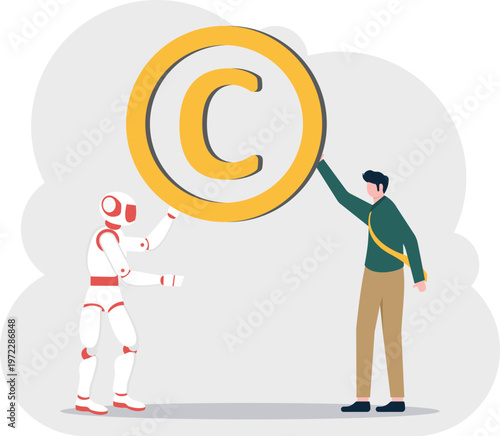 Robot and professional holding a giant copyright coin