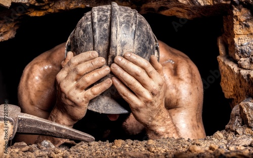 Miner Emerging from Dark Tunnel with Empty Hands and Covered Face