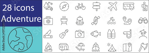Adventure icon set featuring hiking, camping, trekking, mountain climbing, and outdoor exploration symbols. Clean vector icons ideal for travel, outdoor activities, and adventure tourism projects.