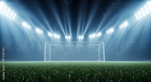 Empty soccer goal on a vibrant green grass field under bright stadium lights, ready for a night game.