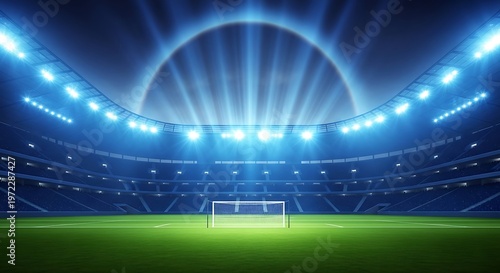 An empty, brightly lit soccer stadium at night with a goal on the green grass field and a dramatic circular light effect above.