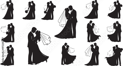Romantic wedding couple silhouettes in various loving poses and dance