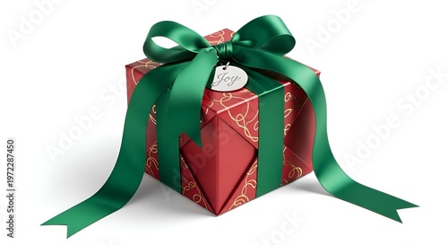Beautifully Wrapped Red Gift Box with Green Ribbon and Joy Tag for Christmas or Birthday Celebrations