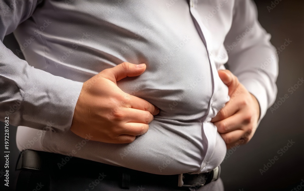 Fototapeta premium Man Gripping His Stomach in a Wrinkled Shirt for a Casual Pose