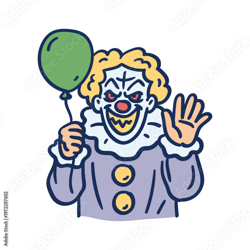 Evil clown is holding balloon waves his hand and smiling. Hand drawing