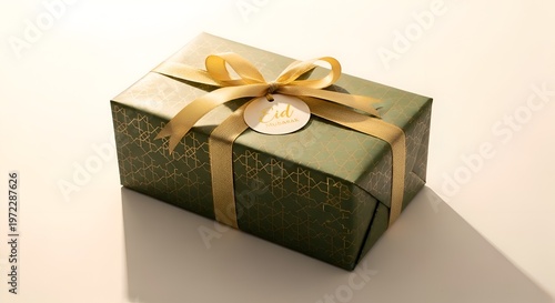 Eid Mubarak Gift Box with Green and Gold Patterned Wrapping and Ribbon