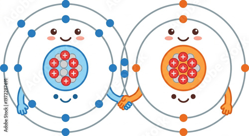 Two cute atoms holding hands as a metaphor for covalent bonding in Flat 2.0 style.