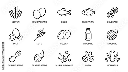 
Food Allergen Warning Line Icon Set 14 Allergens Label Badge Collection in English Outline Style