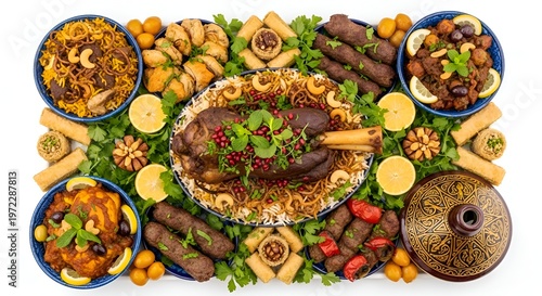 Middle Eastern cuisine, traditional food platter, meat dishes, vegetarian options, colorful spread