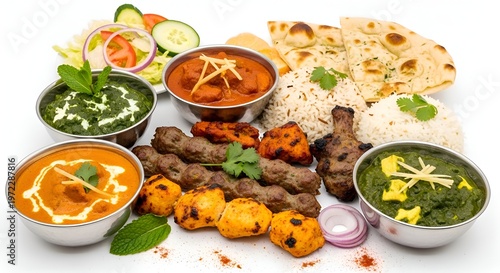 Indian Cuisine Platter with Assorted Dishes and Flatbreads