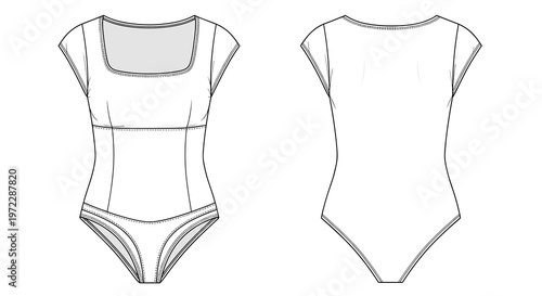 Fashion Design Sketch of Womans Bodysuit Front and Back View Isolated on White for Apparel Industry