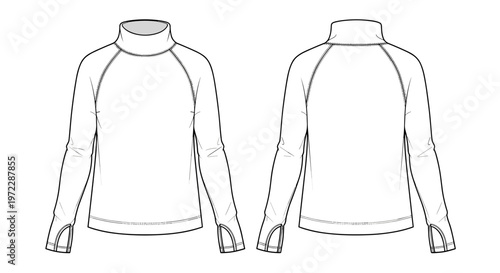 Long Sleeve Turtleneck Top with Thumbholes Front and Back View for Apparel Design Concepts