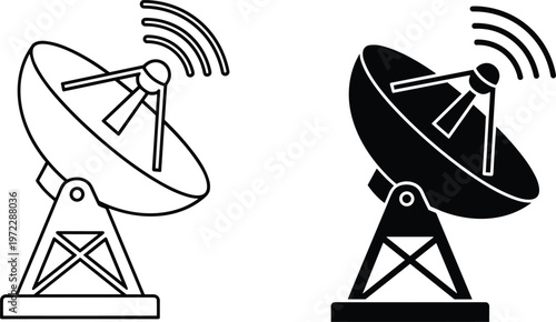 Satellite dish antenna icons with wireless signal waves, radio communication receiver symbols, broadcasting technology equipment illustration set isolated on white background