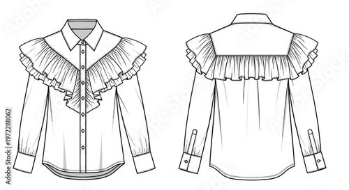 White Blouse with Ruffled Collar Front and Back View for Fashion Design Technical Drawings