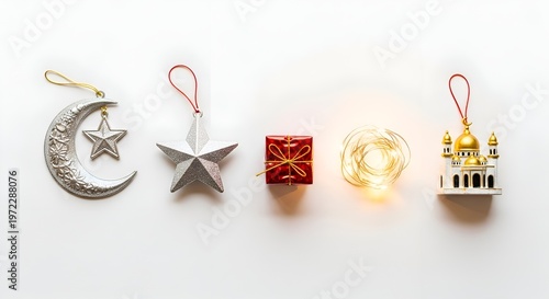 Eid Mubarak Decorations with Crescent Moon, Stars, Gift Box, and Mosque Ornaments