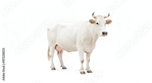 White Cow Standing Facing Right with Curved Horns and Udder Visible
