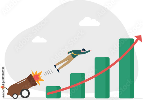Professional firing a vacant chair from a cannon toward a graph