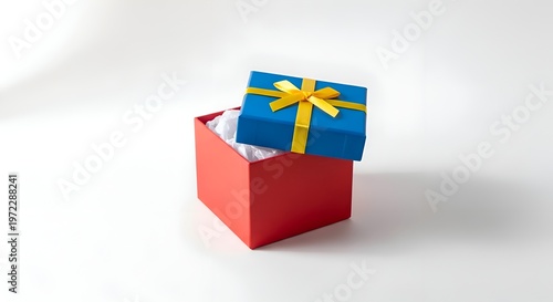 Gift box, blue present, yellow ribbon, red box, wrapped gift