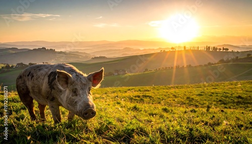 Pig Grazing in a Lush Green Field at Sunrise.
