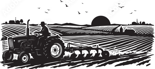 Farmer driving tractor through field at sunset with plow attached slowly