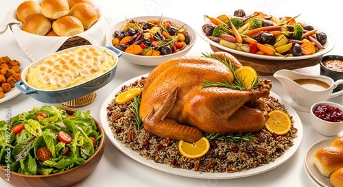 Roasted Turkey with Assorted Side Dishes and Fresh Salad on White Table