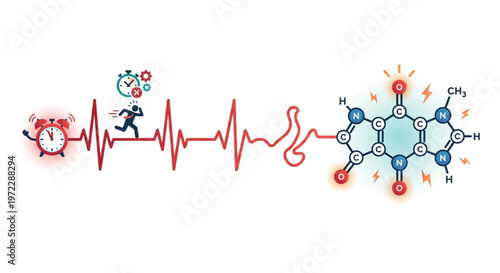 Flat 2.0 style vector illustration on a clean white background. A horizontal heartbeat (EKG) line that starts with a normal pulse, becomes increasingly erratic and fast-paced near a ringing alarm cloc
