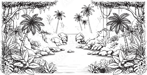 Detailed Black and White Illustration of a Serene Tropical River Landscape with Lush Jungle Foliage and Palm Trees, Ideal for Coloring Books and Nature-Themed Designs