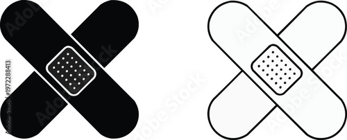 Two stylized bandage icons in solid and outline design, crossed in X shape, isolated on white background for medical, health, and first aid graphics
