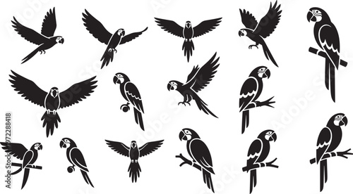 Dynamic collection of black parrot silhouettes, featuring tropical macaws captured in various captivating flight and graceful perching stances, ideal for graphic design