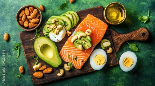 keto. Keto food arrangement featuring salmon, avocado, eggs, and nuts on a dark wooden board. menu design, packaging mockups, designed for food delivery and cloud-kitchen brand materials.