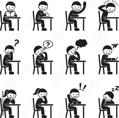 A series of student expressions depicting various reactions during a test or exam