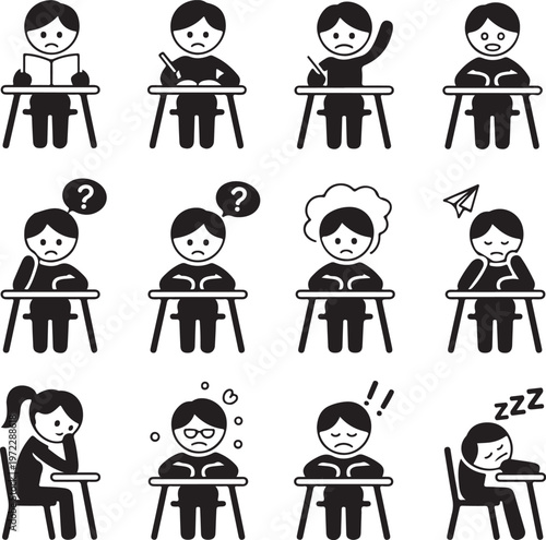 Children experiencing various emotional states while studying or taking a test