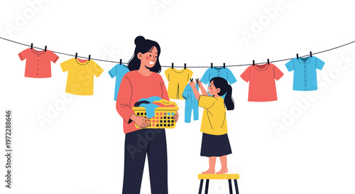Caring mother and her young daughter working together to hang colorful clothes on a laundry line outside on a sunny day.