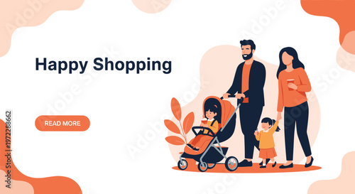 Happy young family with a toddler in a stroller and a small child walking together on a shopping trip banner.